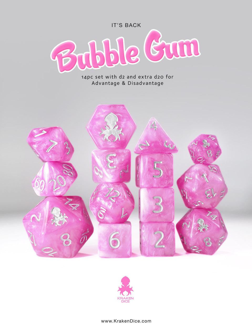 Bubble Gum 14pc DnD Dice Set Inked in Silver